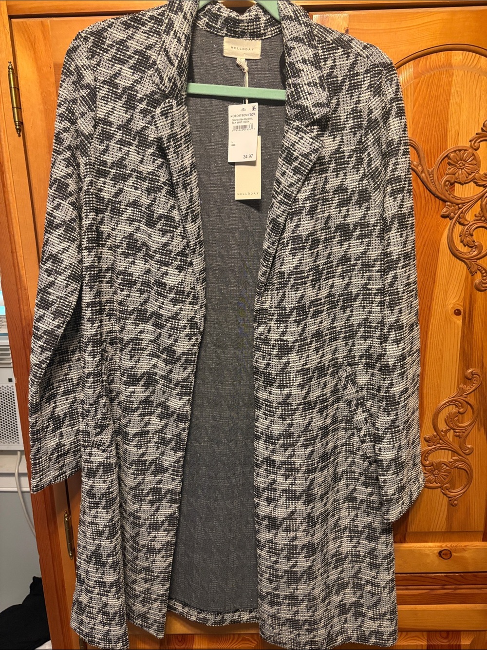 MELLODAY Black and White Houndstooth Open Front Coatigan